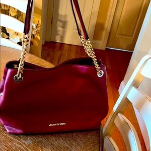 Michael Kors Wine Red Shoulder Bag with Gold Chain